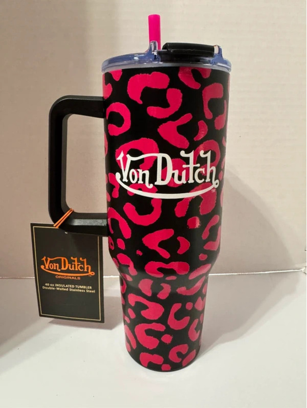 Von Dutch 40oz Double Walled Insulated Stainless Steel Tumbler Pink Cheetah NWT